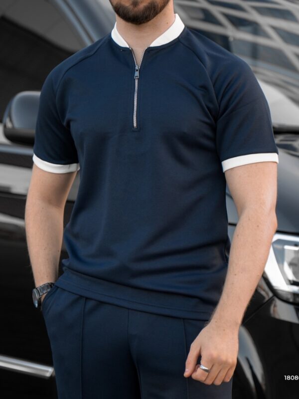 Mock Neck Zipper Polo Navy Blue