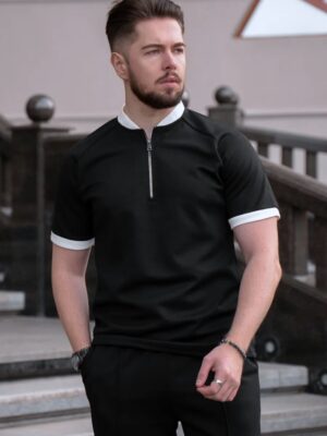 Mock Neck Zipper Polo Black