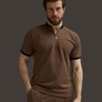 Mock Neck Zipper Polo Coffee