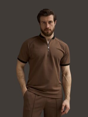 Mock Neck Zipper Polo Coffee