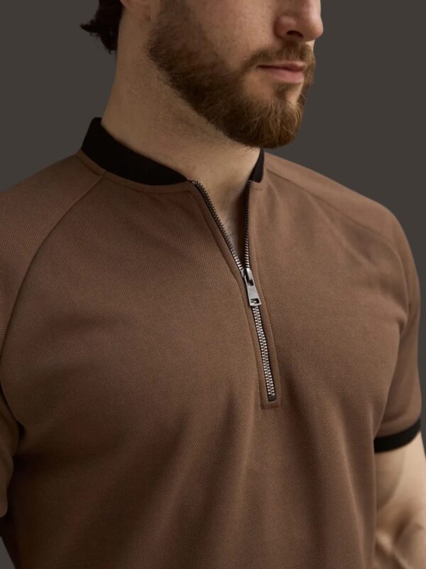 Mock Neck Zipper Polo Coffee