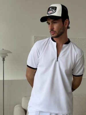 Mock Neck Zipper Polo white